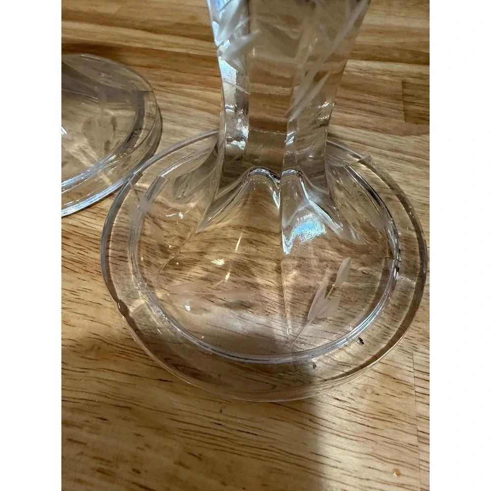 Vintage Etched Crystal Glass Candlestick Holders Pair Floral Wheat Pattern 7in